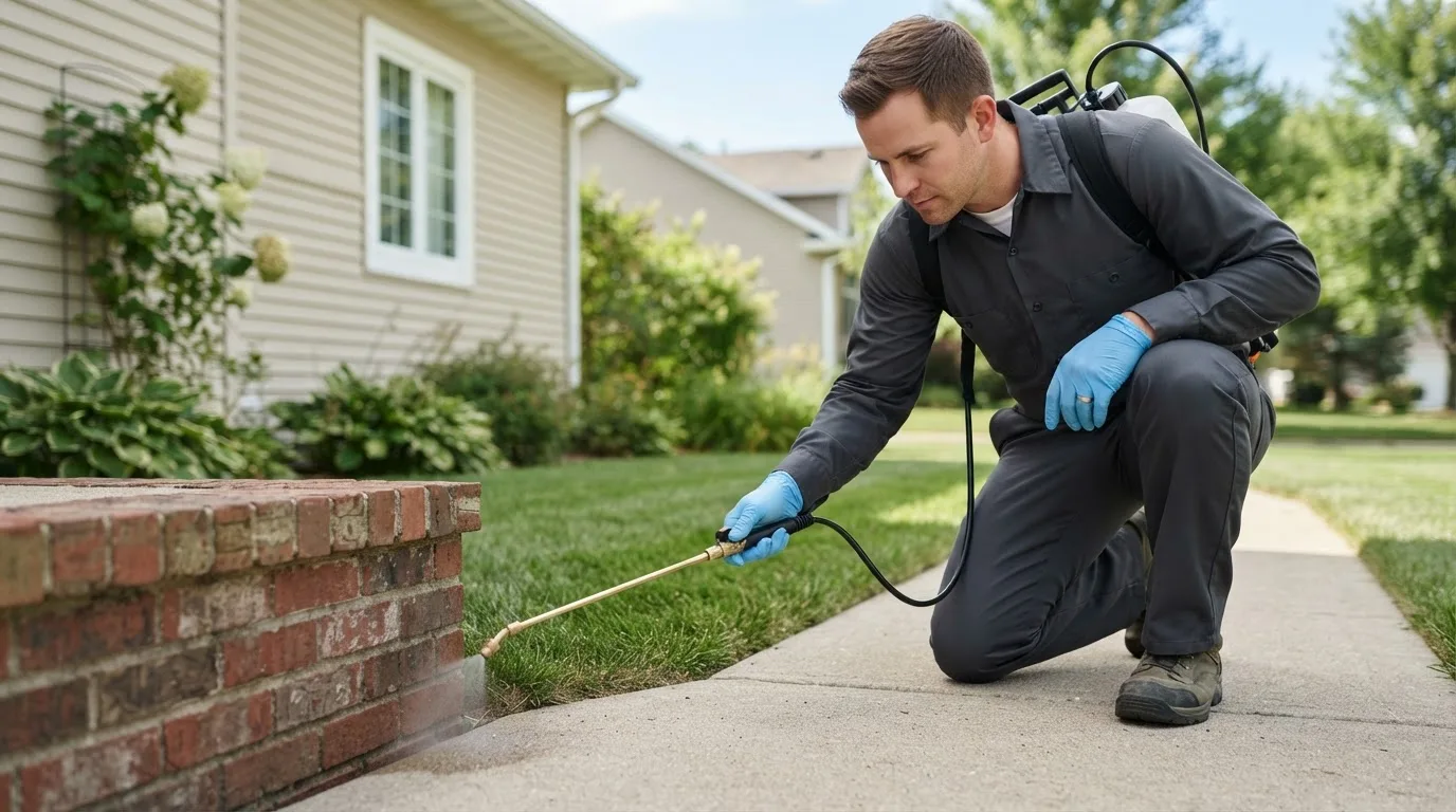 Pest control technician treating a home near Anamoose, ND